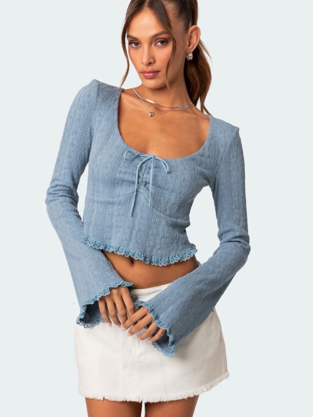 Edikted Light Blue Scoop-Neck Cable Knit Tie-Front Crop Top